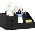 Desk Organiser Holder, Bamboo Multi-Function Storage Caddy With 7 Storage Compartments And 2 Drawers For Home Office Stationary Supplies, Black