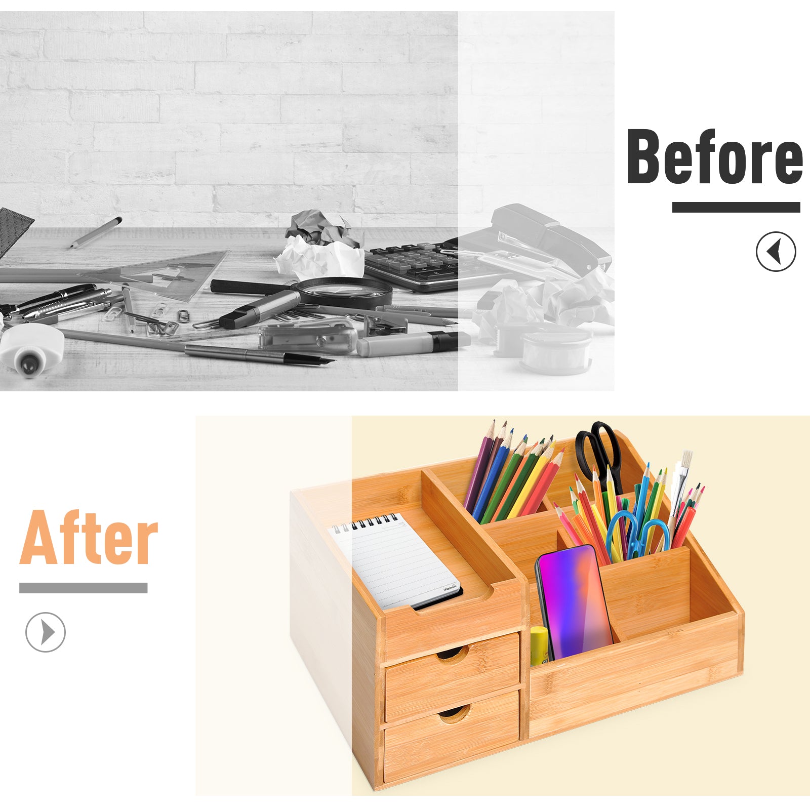 Natural Bamboo Desk Organizer – Multi-Function Storage Caddy with 7 Compartments & Drawers