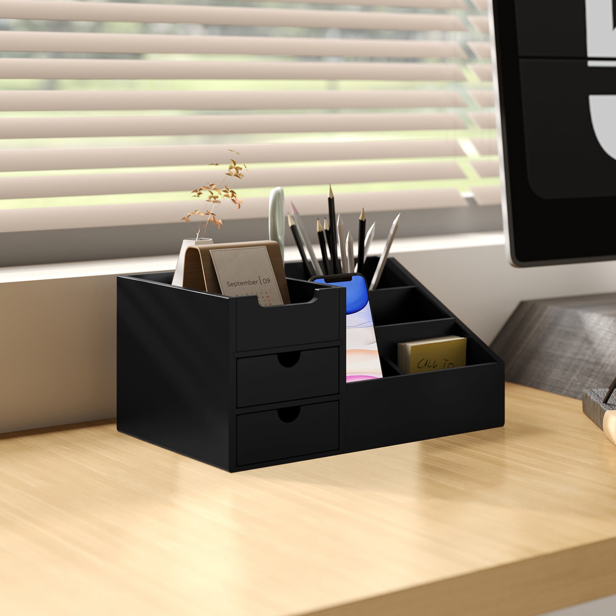 Desk Organiser Holder, Bamboo Multi-Function Storage Caddy With 7 Storage Compartments And 2 Drawers For Home Office Stationary Supplies, Black