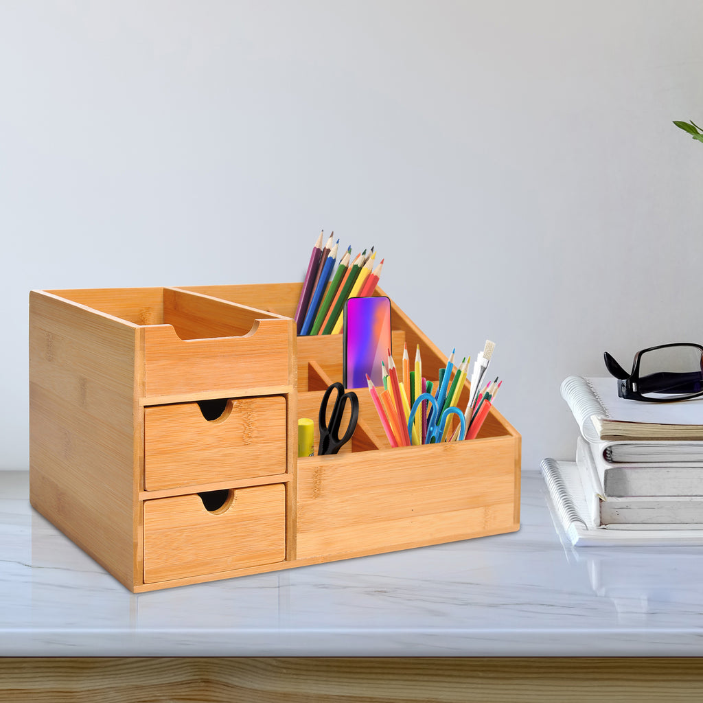 Natural Bamboo Desk Organizer – Multi-Function Storage Caddy with 7 Compartments & Drawers
