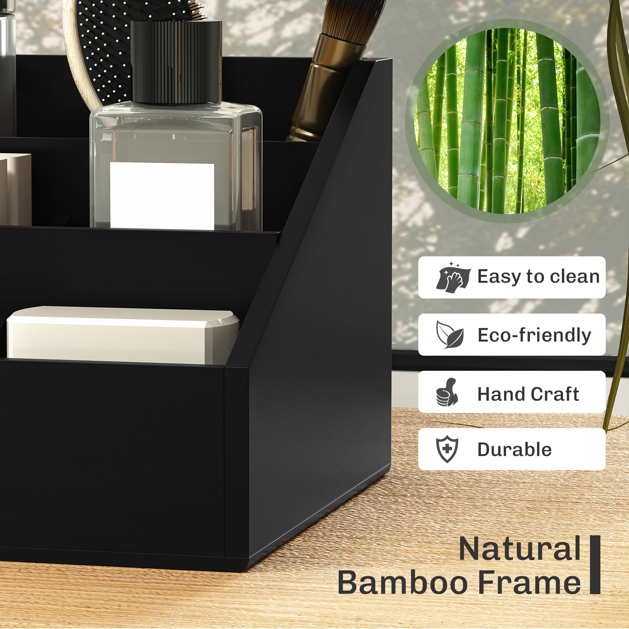 Desk Organiser Holder, Bamboo Multi-Function Storage Caddy With 7 Storage Compartments And 2 Drawers For Home Office Stationary Supplies, Black
