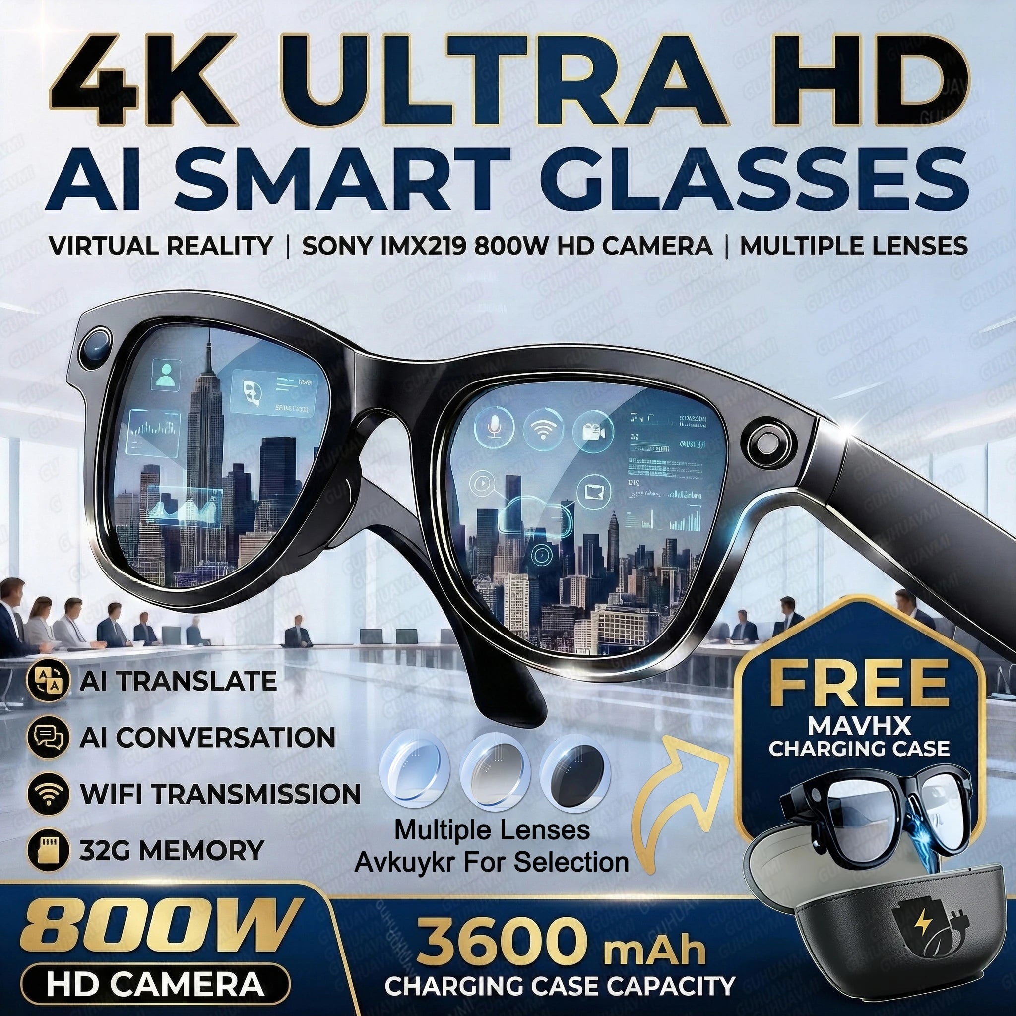 AI Vision Pro Smart Glasses 4K | Translator, Camera & Power Bank