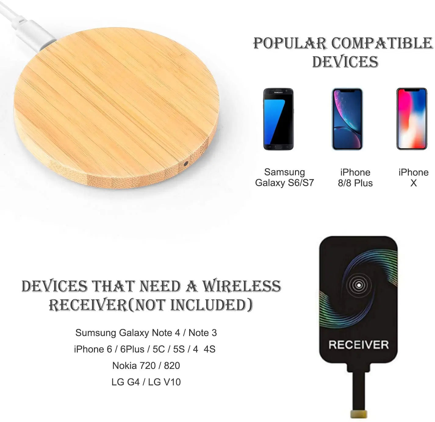 BambooCharge 15W Qi Wireless Charger – Bamboo Wood, USB-C for iPhone & Samsung