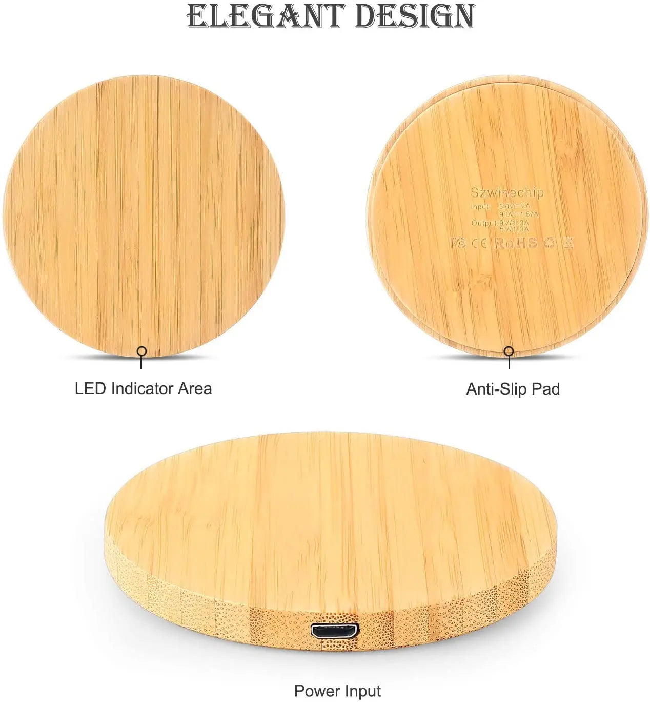 BambooCharge 15W Qi Wireless Charger – Bamboo Wood, USB-C for iPhone & Samsung