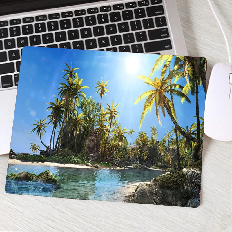 Tropical Breeze Beach Waves Gaming Mouse Pad – Palm Landscape Desk Mat | Anti-Slip Natural Rubber XXL Mouse Carpet for Office & Setup Aesthetic