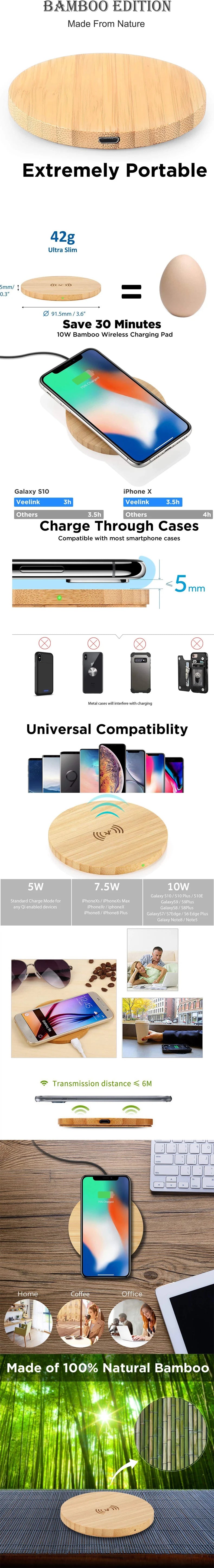 BambooCharge 15W Qi Wireless Charger – Bamboo Wood, USB-C for iPhone & Samsung