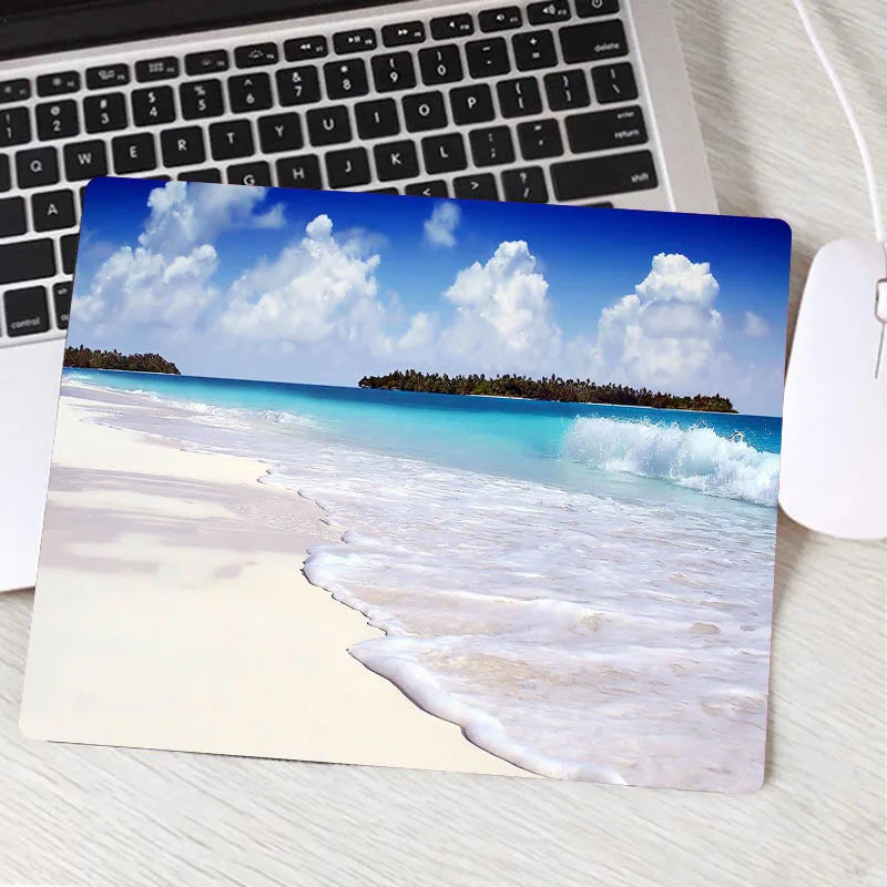 Tropical Breeze Beach Waves Gaming Mouse Pad – Palm Landscape Desk Mat | Anti-Slip Natural Rubber XXL Mouse Carpet for Office & Setup Aesthetic