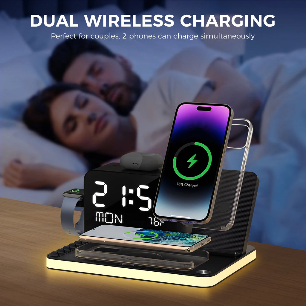 7-in-1 Wireless Charging Stand – Night Light, Clock & Temperature Display for iPhone, Headphones & Watches