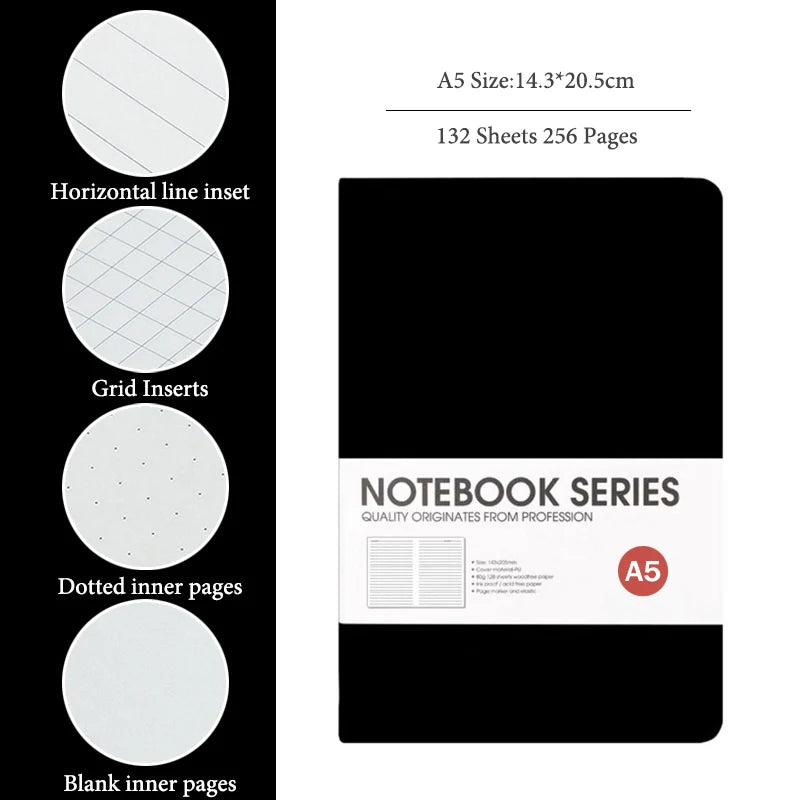 A5/B5 Thickened Notebook,4 Types Inner Pages,132 Sheets/Book,PU Waterproof Cover Diary Agenda Office Student Diary
