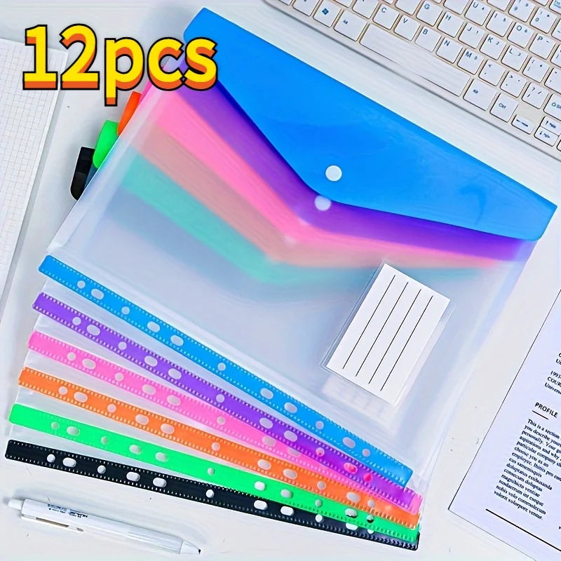 6/12pcs A4 Expanding File Folders with Push-Button 11-Ring Binder Pockets - PP Plastic Document Organizer with Locking Mechanism