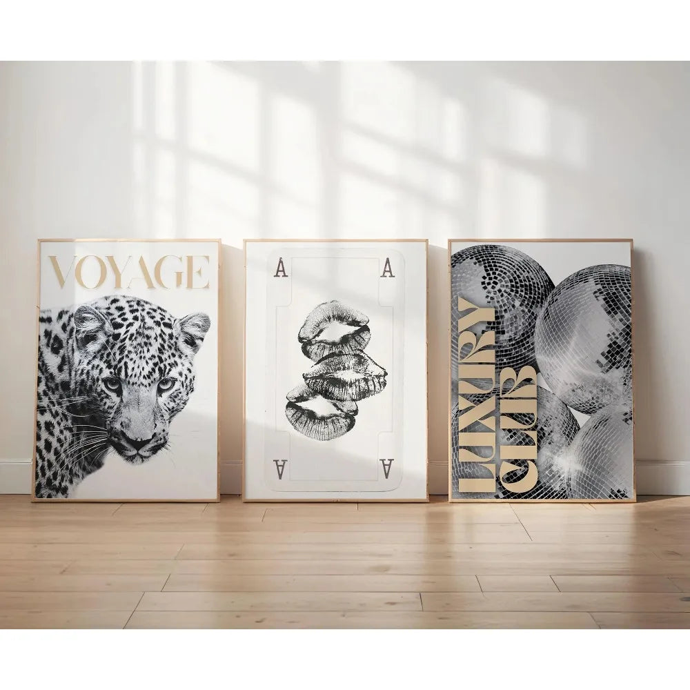 3pcs Frameless Leopard Print,Black and White Gallery Fashion Canvas Poster,Fashion Printing Decor,Office Aesthetics Girl Decor
