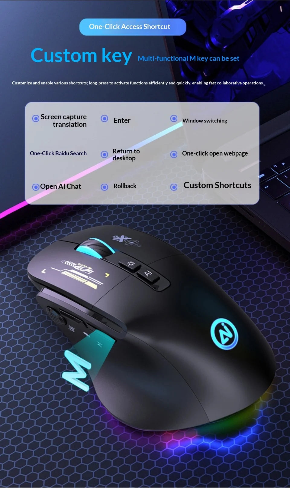 Inphic A9 Pro Three-Mode Gaming Mouse – RGB Light Pillar, 12800 DPI & Macro Driver