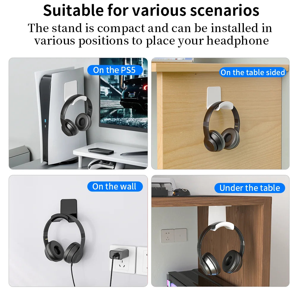 Universal No-Drill Headphone Stand – Under-Desk & Wall-Mount Headset Hanger, Adhesive Plastic Holder for Gaming Headphones, Earbuds & Audio Gear