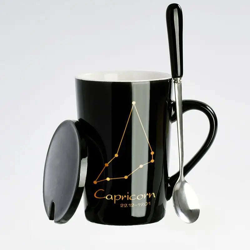 Black & Gold Zodiac Mug Set with Lid & Spoon – 12 Astrology Signs Luxury Coffee Cup Gift