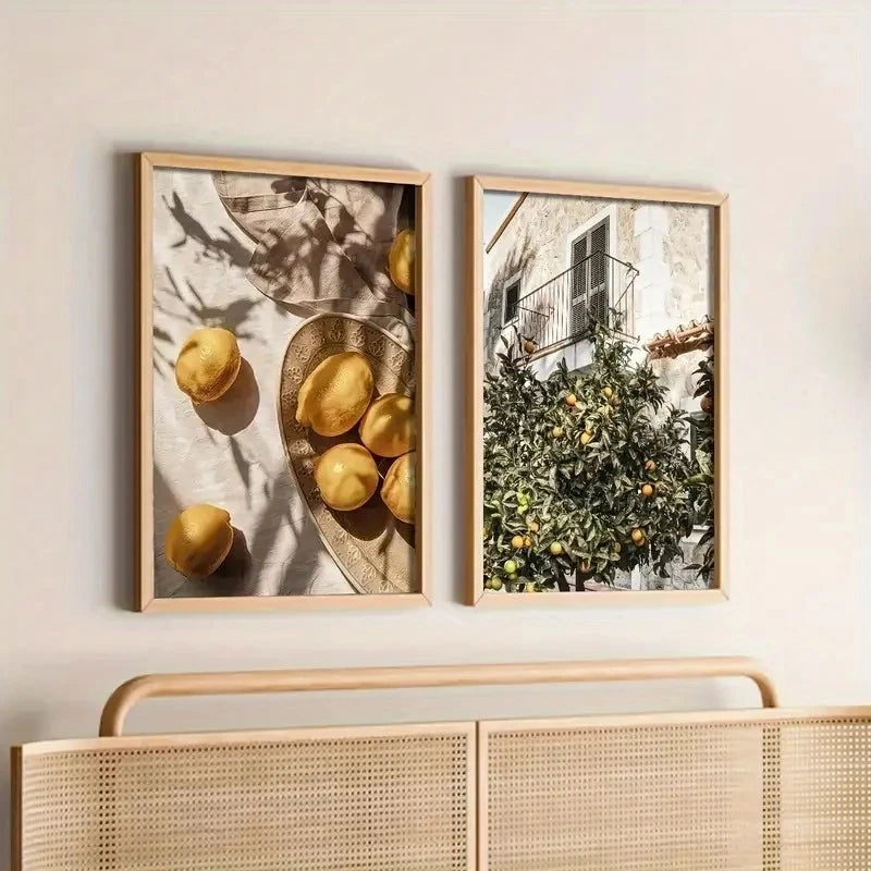 Retro Lemon Garden Canvas Art Poster-Fresh Lemon and Olive Tree Wall Prints for Modern Living Room,Office,and Home Decor Gifts