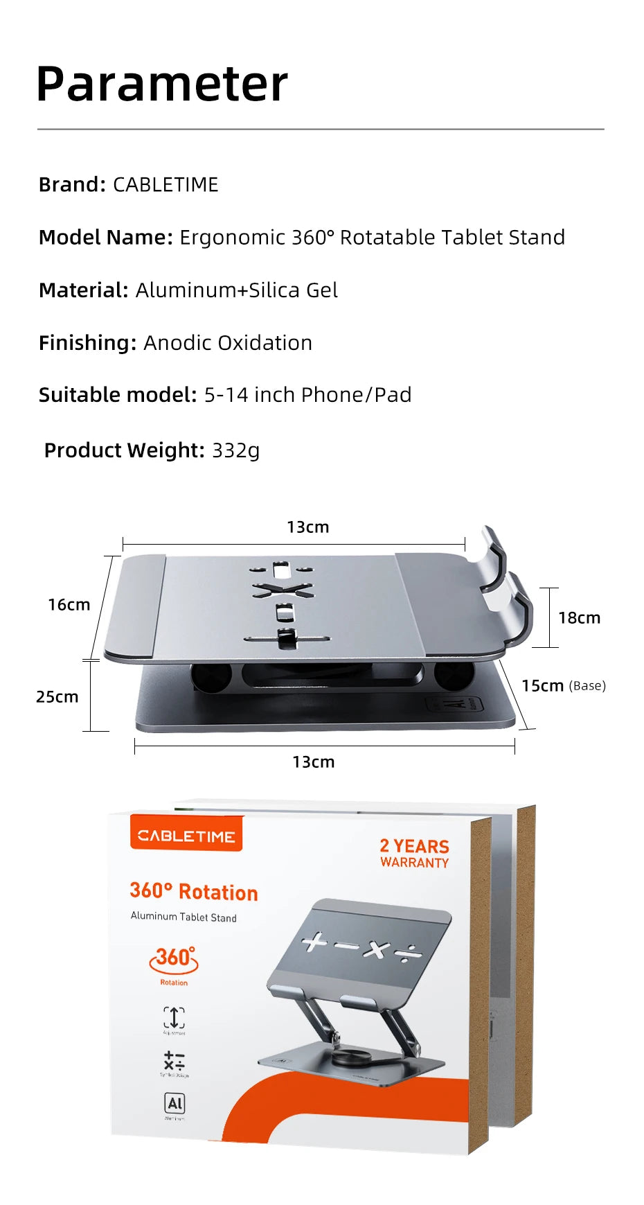 CABLETIME 360° Rotation Tablet Stand for iPad Adjustable Aluminum Foldable Desktop Stand Holder For Ipad Pro/Air/Mini Switch2 1