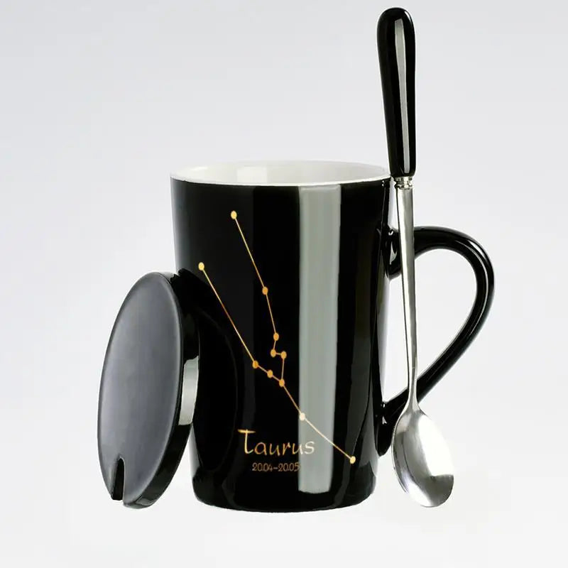Black & Gold Zodiac Mug Set with Lid & Spoon – 12 Astrology Signs Luxury Coffee Cup Gift