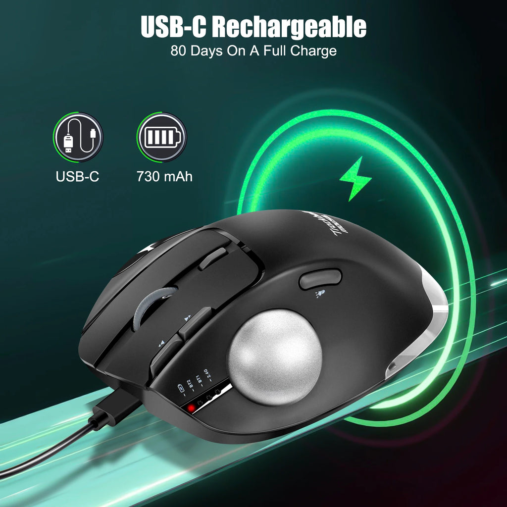 Lefon Trackball Mouse – Bluetooth Ergonomic 2.4G Wireless Rechargeable for PC & Office