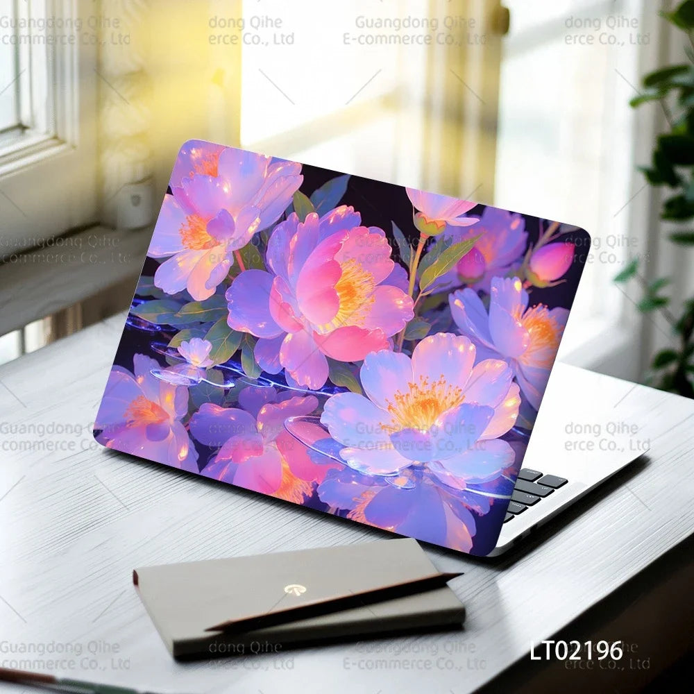 2pcs Creative Botanical Laptop Stickers Hand-Drawn Floral Line Art in Bright Colors, Waterproof Vinyl Decal for Notebook Covers