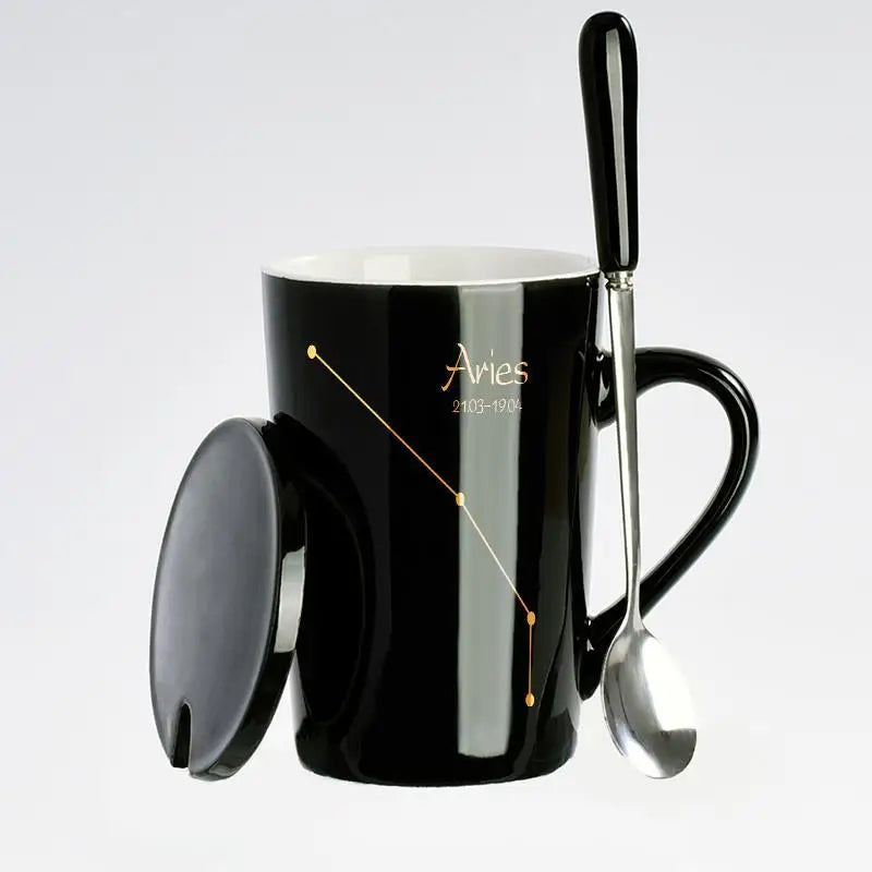 Black & Gold Zodiac Mug Set with Lid & Spoon – 12 Astrology Signs Luxury Coffee Cup Gift
