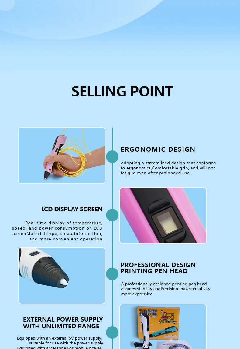 GlowPen Kids 3D Pen – PLA Filament, Power Adapter & Travel Case, Birthday Gift