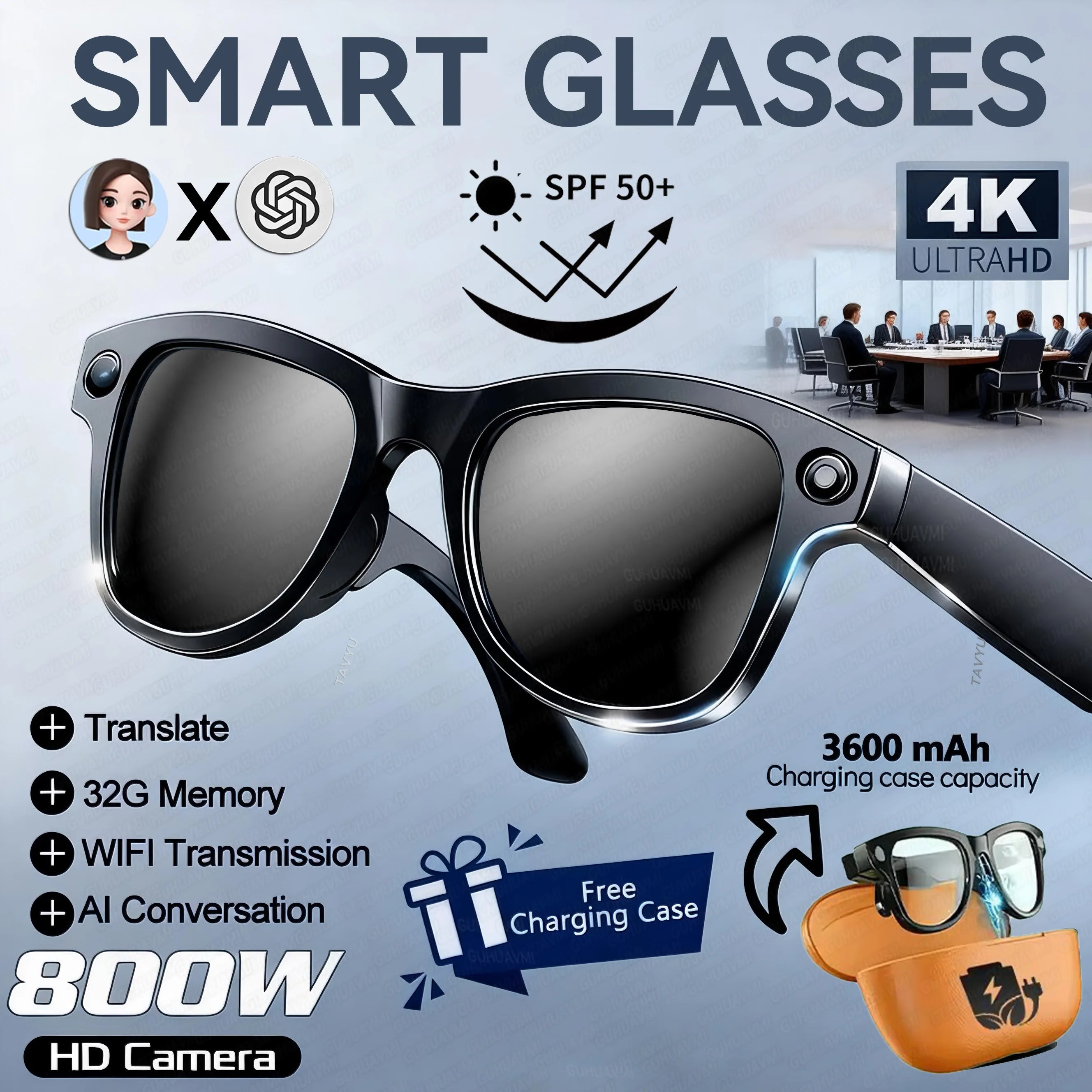 VisionAI 4K Smart Glasses – 32GB, 800W Camera, AI Translation & Power Bank