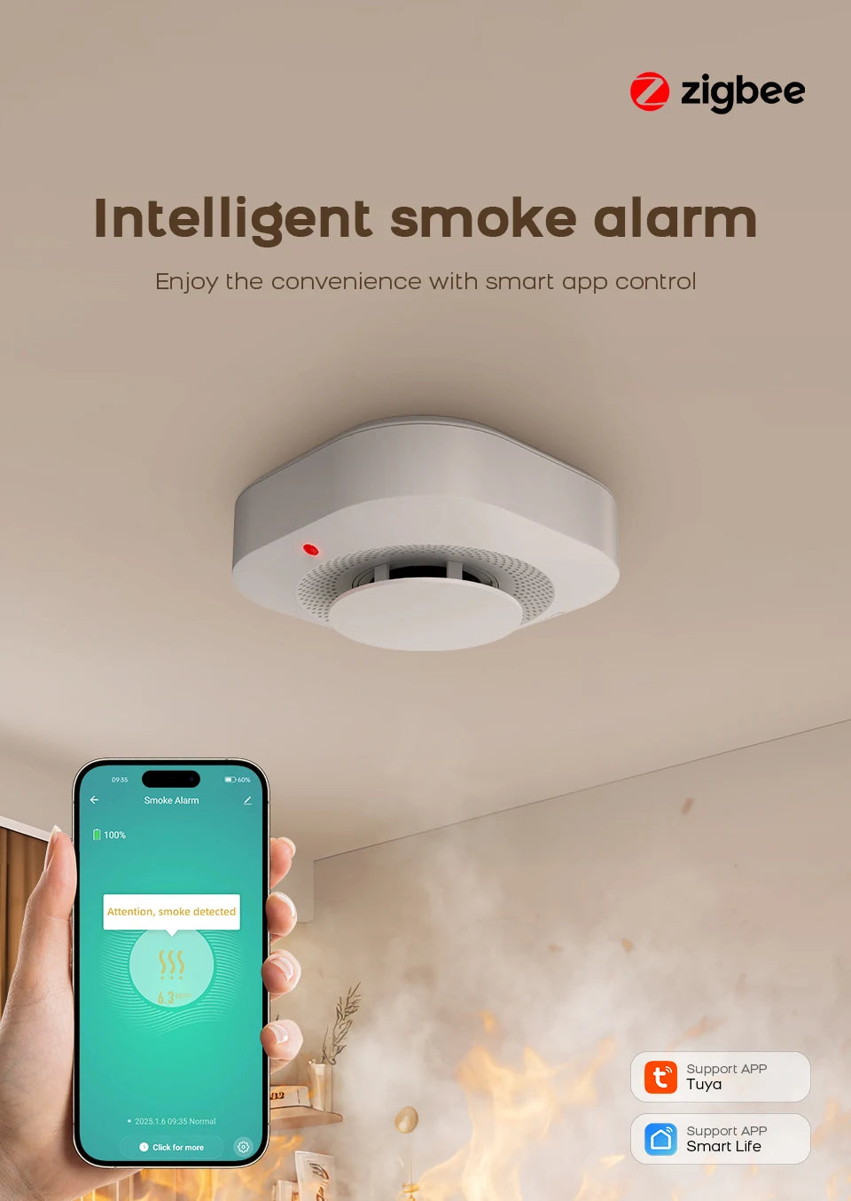Tuya ZigBee WiFi Smart Smoke Detector – Home Security Fire Alarm Sensor