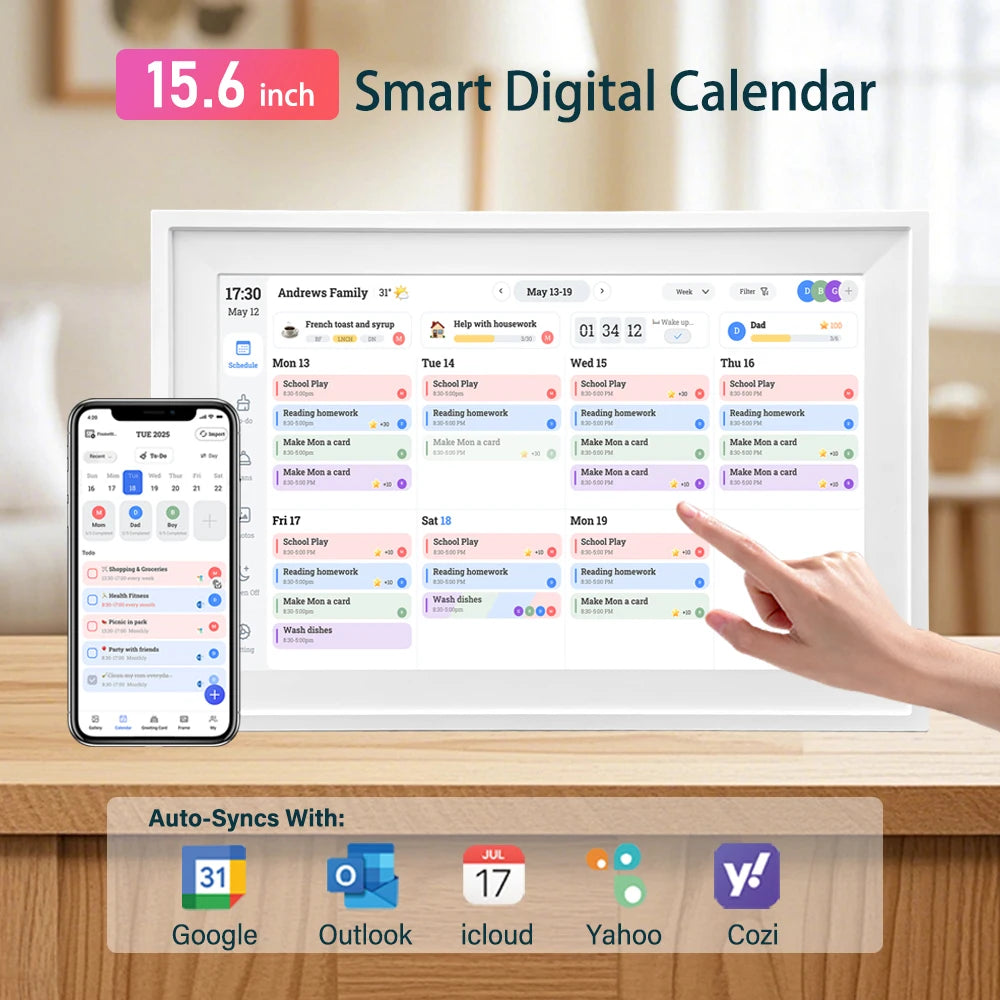 FamilyBoard 15.6" WiFi Smart Digital Calendar & Chore Chart – HD Touchscreen Family Planner
