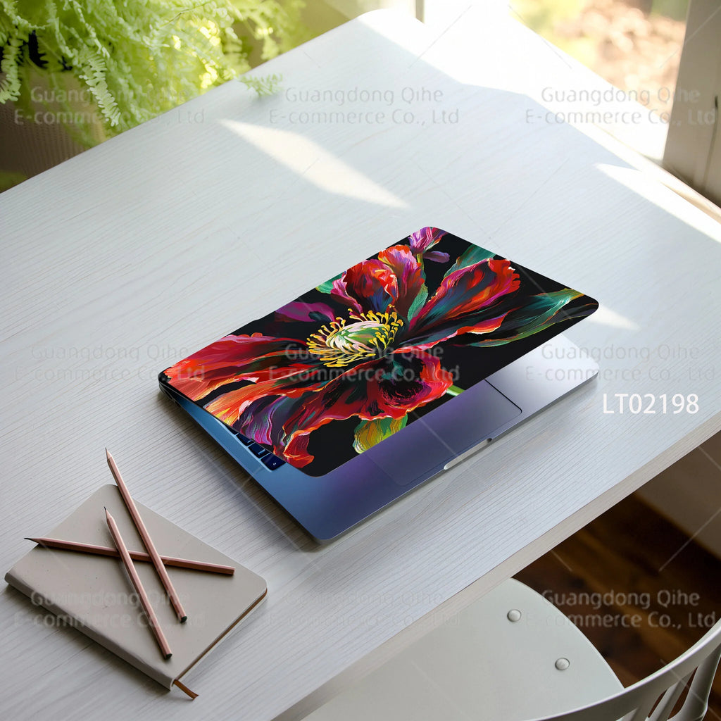 2pcs Creative Botanical Laptop Stickers Hand-Drawn Floral Line Art in Bright Colors, Waterproof Vinyl Decal for Notebook Covers