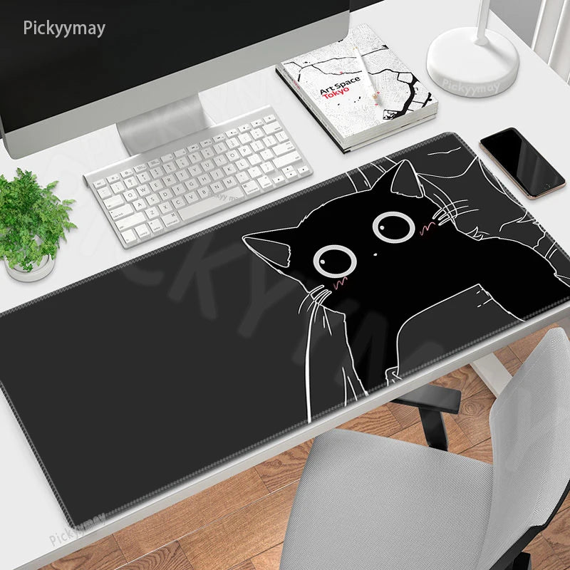 Midnight Cat XXL Gaming Desk Mat – Cute Black Cat Grey Mouse Pad for Office & Setup