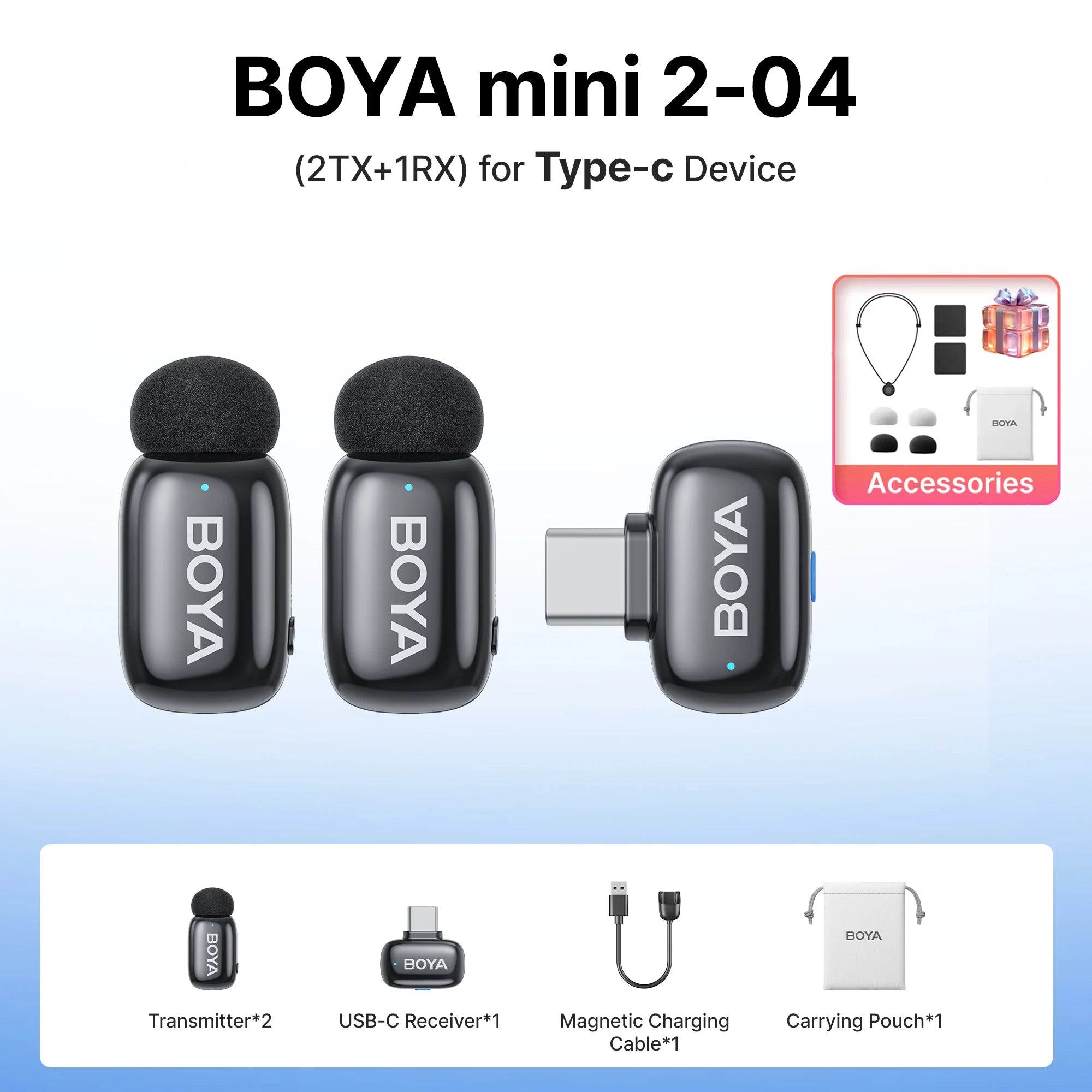 BOYA Mini 2 Wireless Lavalier Microphone – AI Noise Reduction for iPhone & Android