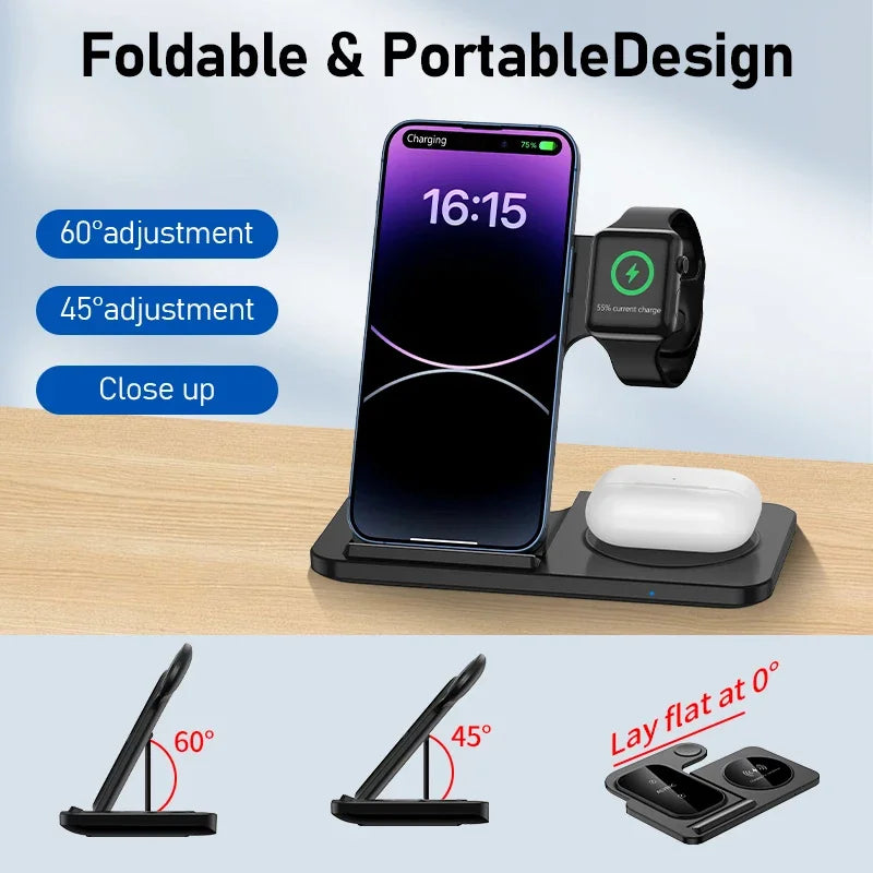 FoldCharge Foldable Fast Wireless Charging Station – iPhone 16/15/14, Apple Watch & AirPods