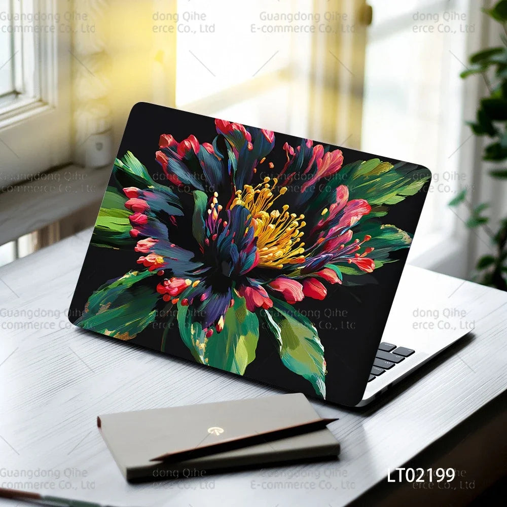 2pcs Creative Botanical Laptop Stickers Hand-Drawn Floral Line Art in Bright Colors, Waterproof Vinyl Decal for Notebook Covers