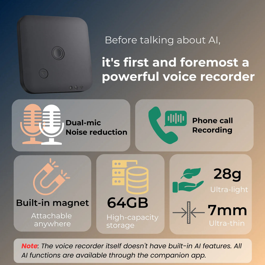 VoiceAI Pro 64GB – Smart Recorder with Live Transcribe, Summarize & Translate (100 Languages)