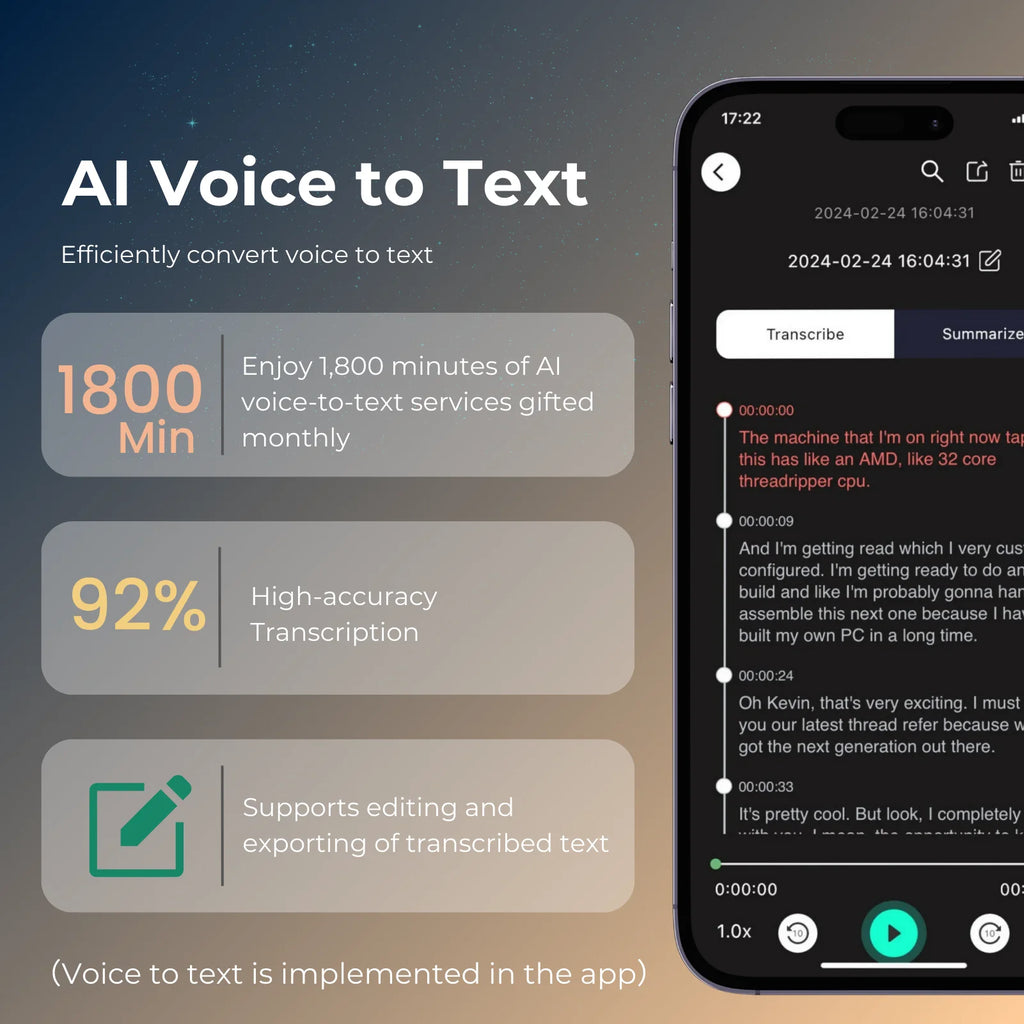 VoiceAI Pro 64GB – Smart Recorder with Live Transcribe, Summarize & Translate (100 Languages)