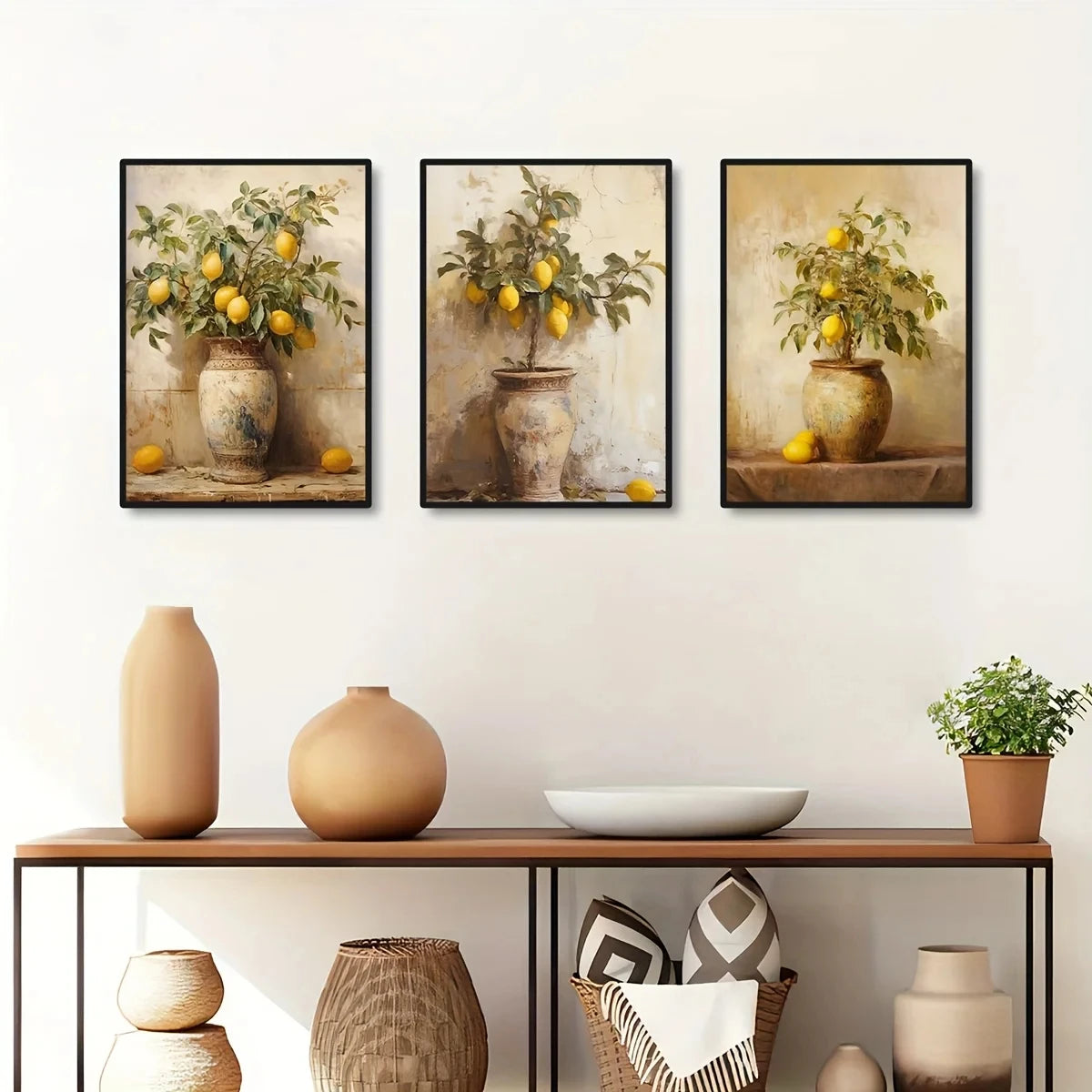 Retro Lemon Garden Canvas Art Poster-Fresh Lemon and Olive Tree Wall Prints for Modern Living Room,Office,and Home Decor Gifts