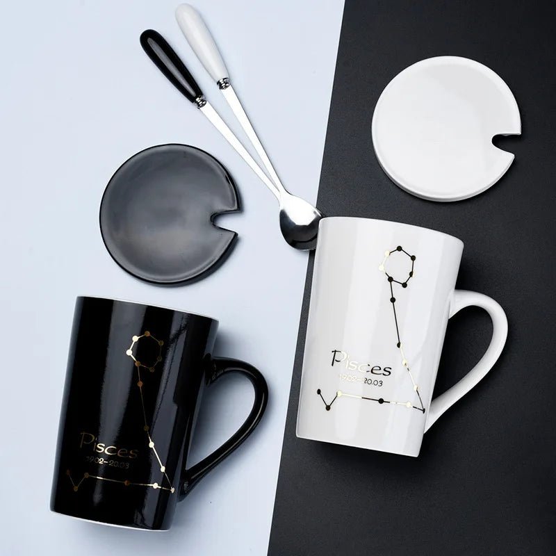 Black & Gold Zodiac Mug Set with Lid & Spoon – 12 Astrology Signs Luxury Coffee Cup Gift