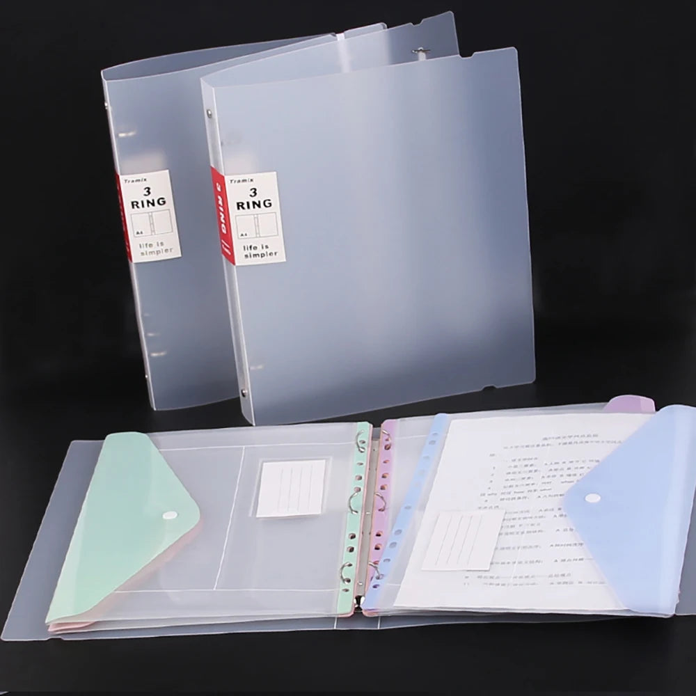 Plastic 11-hole Loose-leaf File Bag Transparent 3-hole Folder+6pcs Binder Pockets Document Pouch for Office and School Supply