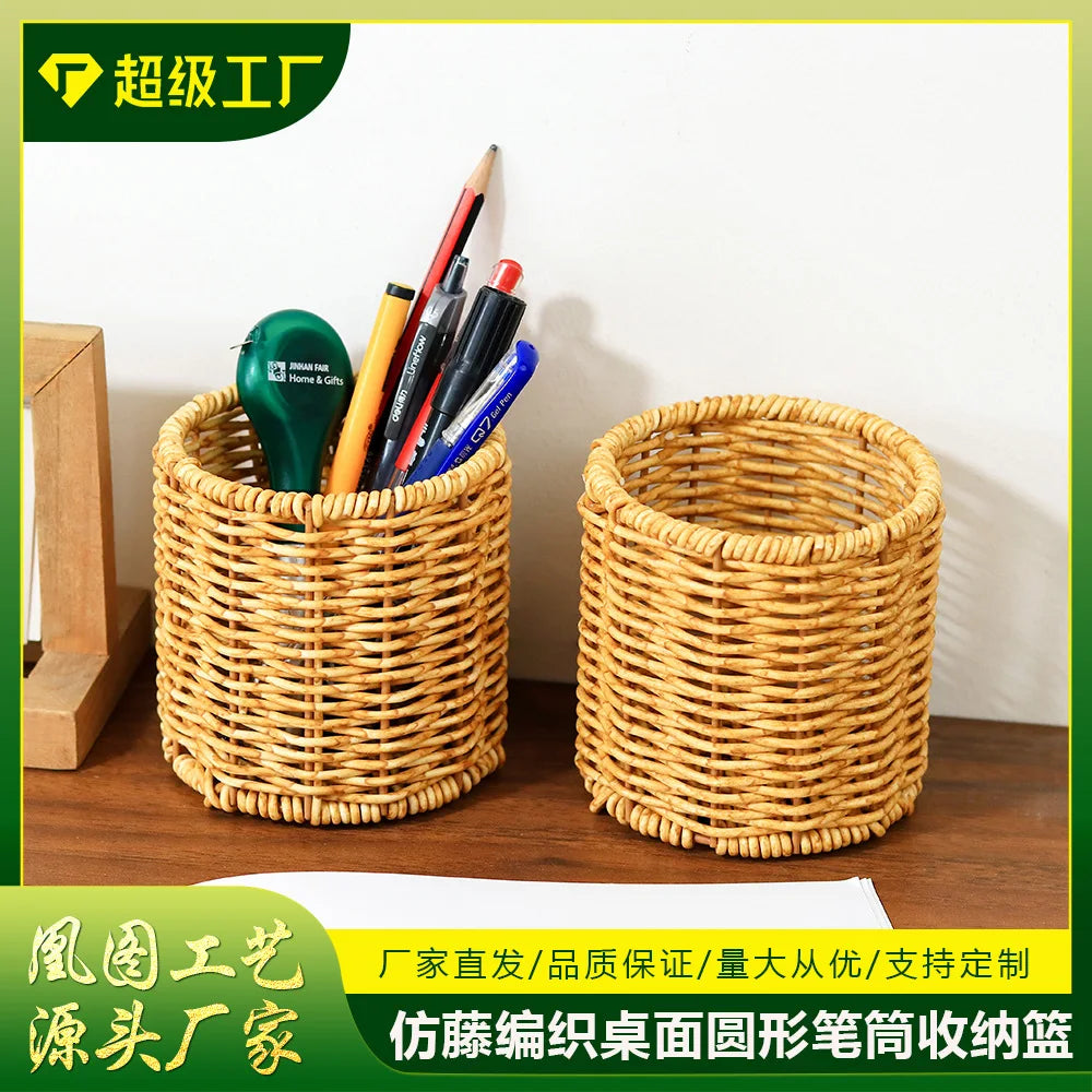 Stationery Storage Tube Circular Desktop Creative Pen Container Handmade Rattan Multi-purpose Pen Holder