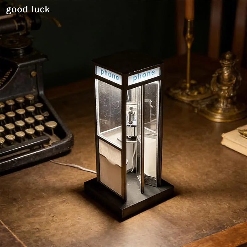 Retro Vintage Tall Phonebooth Lamp, Classic Telephone Booth Table Lamp With Warm LED Light, Phone Box Decorative Night Light