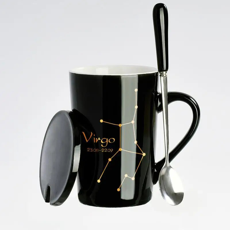 Black & Gold Zodiac Mug Set with Lid & Spoon – 12 Astrology Signs Luxury Coffee Cup Gift
