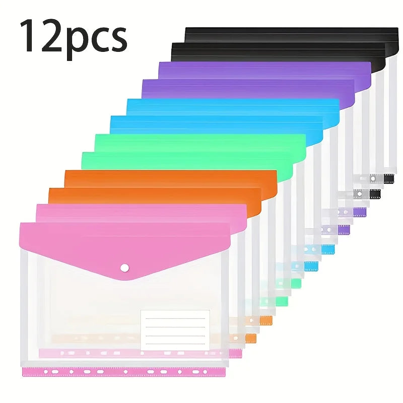 6/12pcs A4 Expanding File Folders with Push-Button 11-Ring Binder Pockets - PP Plastic Document Organizer with Locking Mechanism