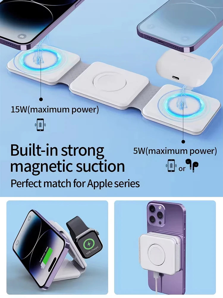 MagFold 3-in-1 Magnetic Wireless Charger – Qi2 30W Foldable Dock for iPhone, Watch & AirPods
