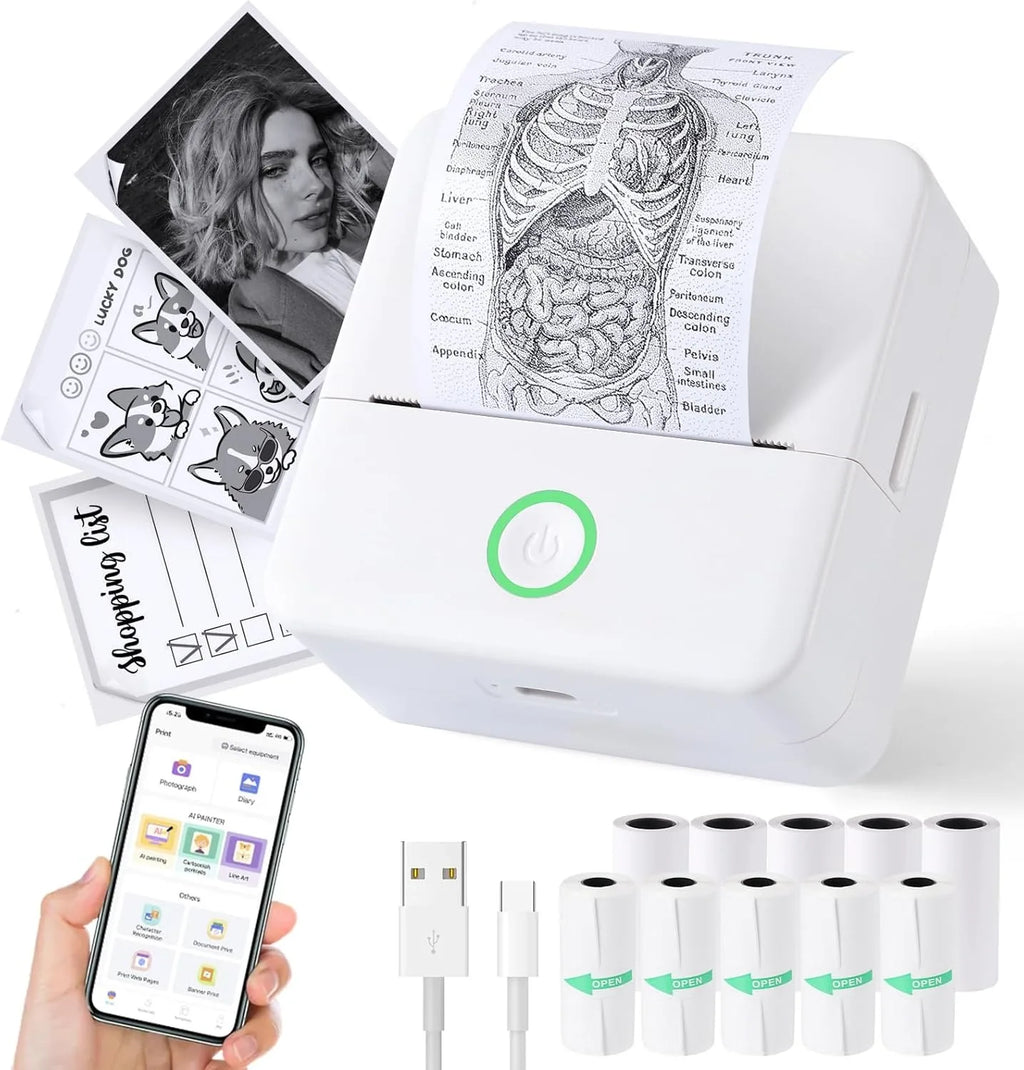 SnapRoll Mini Bluetooth Photo Printer Set – Wireless Pocket Printer with 5 Sticker Rolls & Thermal Paper Bundle