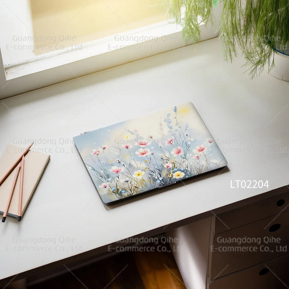 2pcs Creative Botanical Laptop Stickers Hand-Drawn Floral Line Art in Bright Colors, Waterproof Vinyl Decal for Notebook Covers