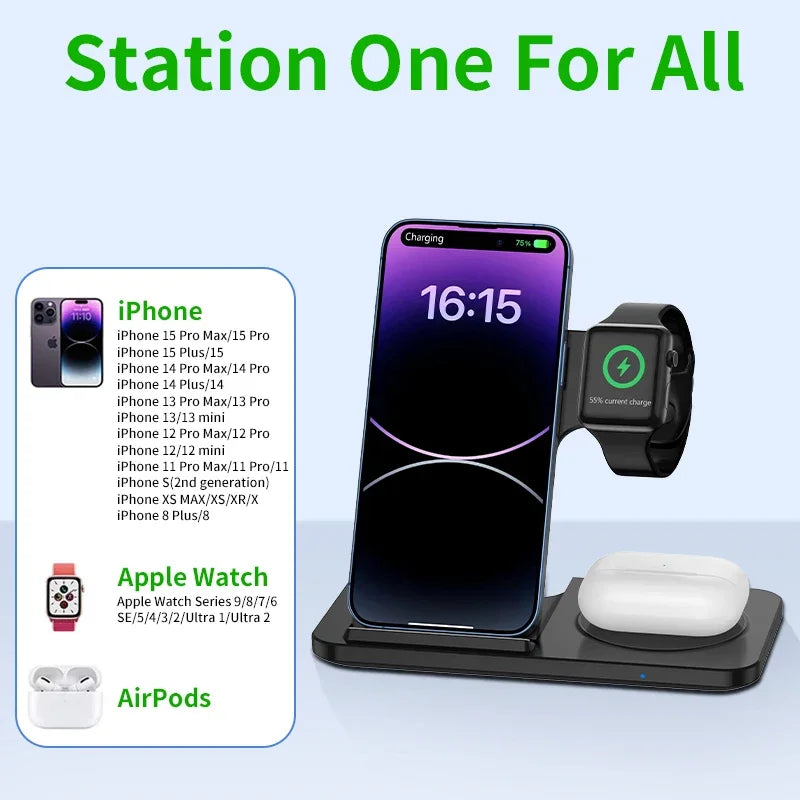 FoldCharge Foldable Fast Wireless Charging Station – iPhone 16/15/14, Apple Watch & AirPods