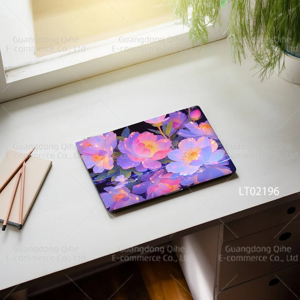 2pcs Creative Botanical Laptop Stickers Hand-Drawn Floral Line Art in Bright Colors, Waterproof Vinyl Decal for Notebook Covers
