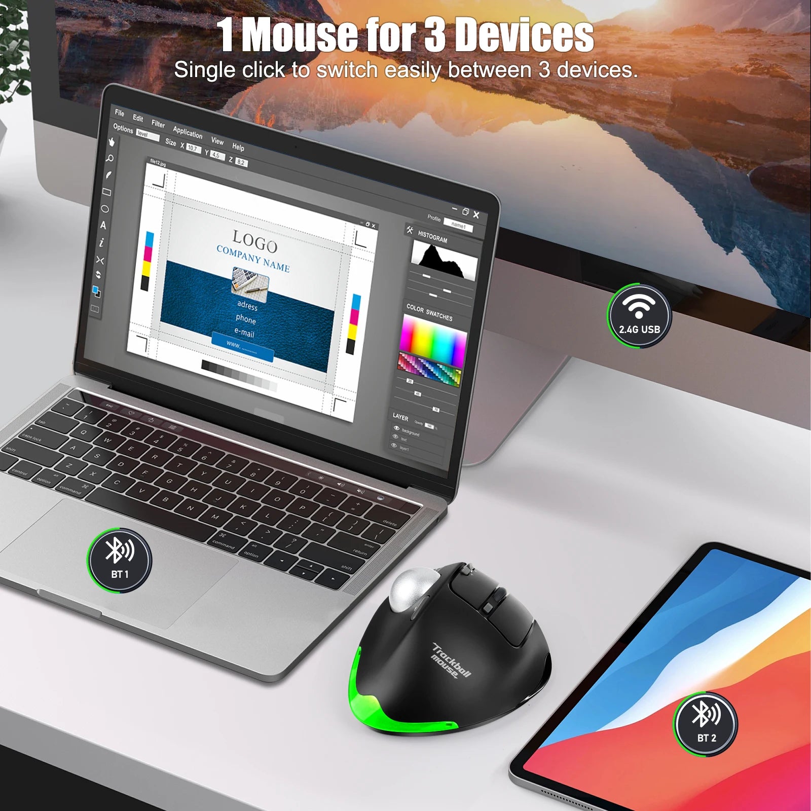 Lefon Trackball Mouse – Bluetooth Ergonomic 2.4G Wireless Rechargeable for PC & Office