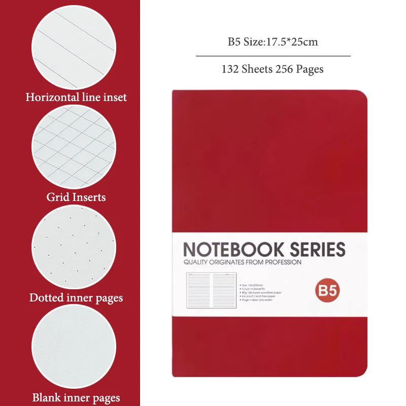 A5/B5 Thickened Notebook,4 Types Inner Pages,132 Sheets/Book,PU Waterproof Cover Diary Agenda Office Student Diary