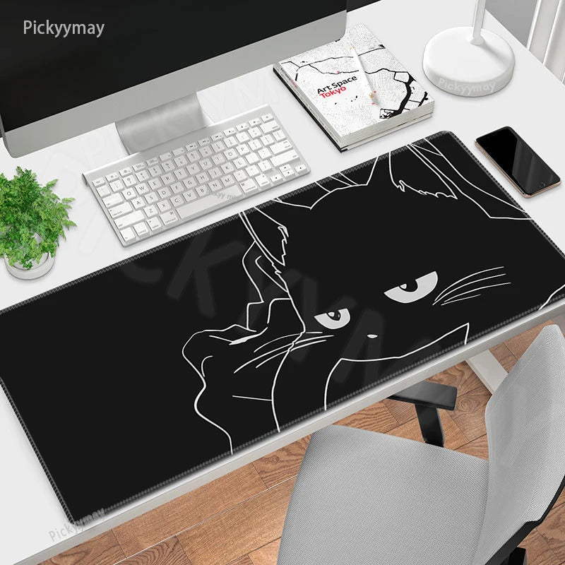 Midnight Cat XXL Gaming Desk Mat – Cute Black Cat Grey Mouse Pad for Office & Setup